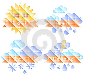 Background with sun, clouds, rainbow and rain