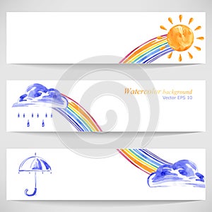 Background with sun umbrella, clouds, rain and rainbow