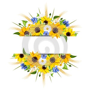 Background with sunflowers, daisies, cornflowers and ears of wheat. Vector eps-10.