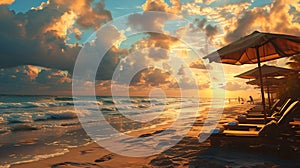 Background, sunrise, ocean, beach, sunbeds, umbrellas