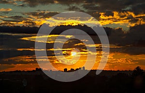 Background with sunset over Prague city skyline in Europe.