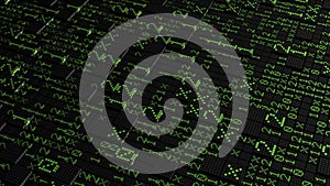 Background with surface of squares and code. Motion. Computer surface with squares and matrix code. Squares with matrix