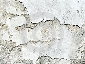 Background, surface texture. a layer of white peeling paint on rough gray concrete, cement, plastered wall.