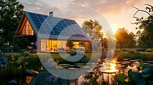 background with a sustainable home featuring solar panels, rainwater harvesting, and green landscaping, illustrating eco