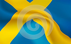 Background Swedish Flag in folds. Tricolour Kingdom Of Sweden banner. Pennant with stripes concept up close, standard Sverige.