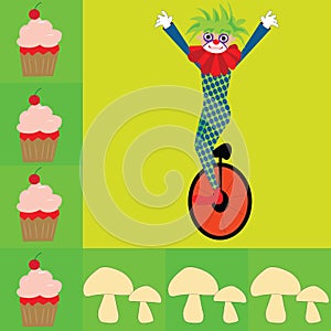 Background for table napkins with clown on monocycle cookie and mushrooms