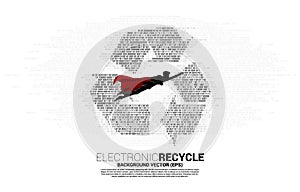 Silhouette of man in superhero suit flying with Recycle icon from binary code.