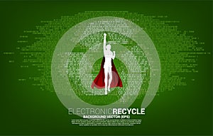 Silhouette of man in superhero suit flying with Recycle icon from binary code.