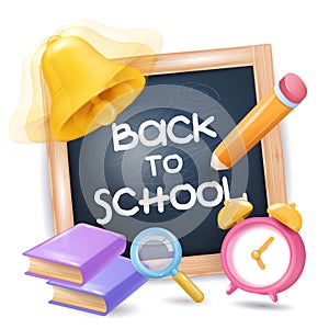 The background template of the blackboard vector objects Back to school such as a pencil and a book, a bell, an alarm