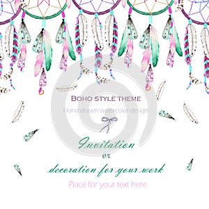 Background, template postcard with the watercolor dreamcatchers and feathers in the air, hand drawn on a white background