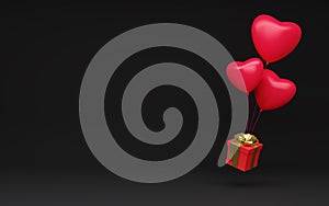 Background template for Valentines day. Gift box with a bow flying on balloons in the form of a heart on a black background. 3d