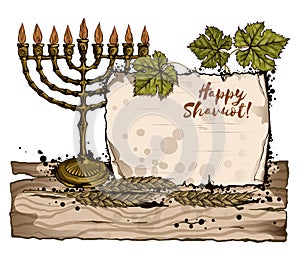 The background for text placement, inscription. An old sheet of paper, a scroll, a menorah, grape leaves. Sketch drawing, vector