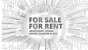 Background for text on the rental of real estate. Apartment house in frame.