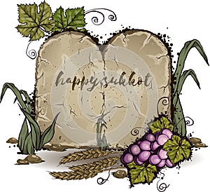 The background for the text is a stone slab, tablets, decorated with a bunch of grapes