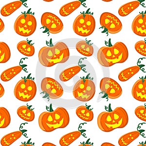 Autumn pumpkin pattern with leaves and mushrooms, fun Halloween