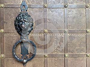 Background texture: ancient metal door. Rusty surface of a medieval door. Entrance gate to the ancient castle