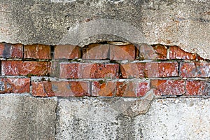 Background and texture of brick wall and plaster. Old brick wall with fallen off plaster. Background for design
