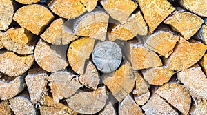 Background texture close up full frame of a pile of cut firewood