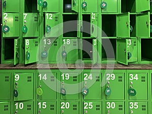 Background texture: green lockers in the locker room. Lockers in a public locker room. Luggage storage in the store