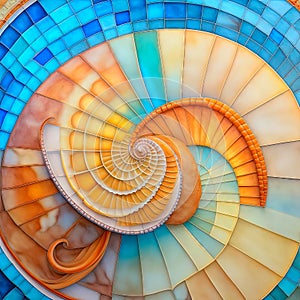 Background texture of mother-of-pearl twisted seashell, Fibonacci spiral, mosaic, golden section