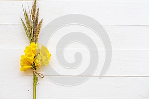 Background texture nature bouquet yellow flowers decoraton flat lay postcard style