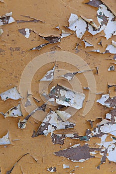 Background texture of the old brown painted surface with cracks, flakes and white spots.