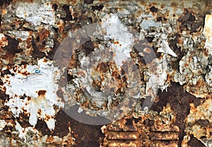 background texture paper metal rust iron box for transformer rusted from rain and with pieces of old paint and scraps of paper old