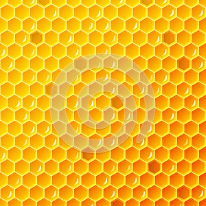 Background texture and pattern of a section of wax honeycomb from a bee hive filled with golden honey in a full frame