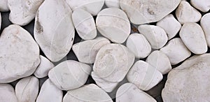 Background or texture of white different smooth stones, river pebbles. Decoration for garden or fountain.