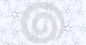 Background texture with white snowflakes on white backdrop, play of shadow on the 3d layers effect