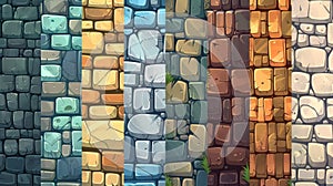 Background textures of stone walls for games. Modern cartoon seamless patterns of paving stones, rock bricks and blocks