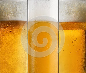 Background three different types beer with foam in a glass with water drops and beautifully rising bubbles