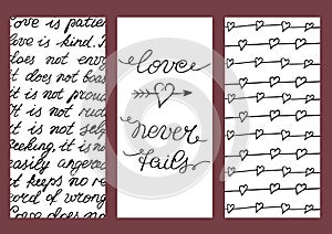 Background with three images with hand lettering Love never fails. photo