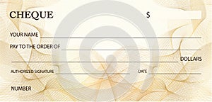 Check cheque, Chequebook template. Gold lines pattern Guilloche watermark photo