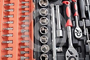 Background of a toolbox. Wrenches of different sizes