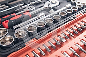 Background of a toolbox. Wrenches of different sizes