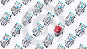 Background with toy shopping carts for advertising and design.