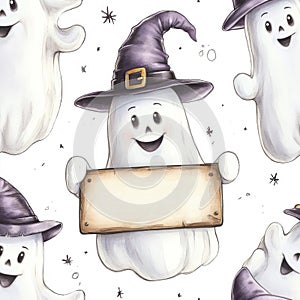 The background is transparent and features a cute seamless pattern with ghosts, pumpkins, witch's hat and scary