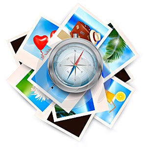 Background with travel photos and compass.