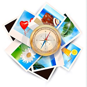 Background with travel photos and compass.