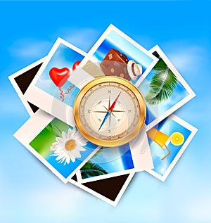 Background with travel photos and compass.