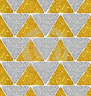 Background with triangles of golden and silver glitter, seamless pattern