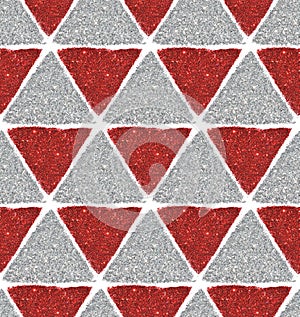 Background with triangles of red and silver glitter, seamless pattern