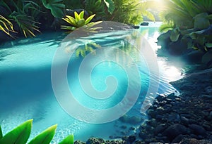 Background of tropical leaves with clear water in the background, concept of relaxation and cleanliness,