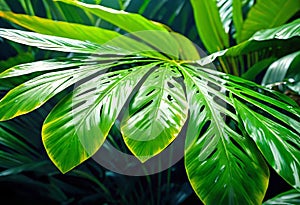 Background of tropical leaves with clear water in the background, concept of relaxation and cleanliness,