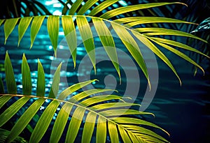 Background of tropical leaves with clear water in the background, concept of relaxation and cleanliness,