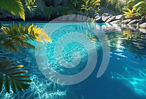 Background of tropical leaves with clear water in the background, concept of relaxation and cleanliness,