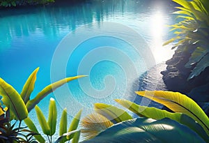 Background of tropical leaves with clear water in the background, concept of relaxation and cleanliness,