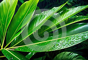 Background of tropical leaves with clear water in the background, concept of relaxation and cleanliness,