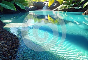 Background of tropical leaves with clear water in the background, concept of relaxation and cleanliness,